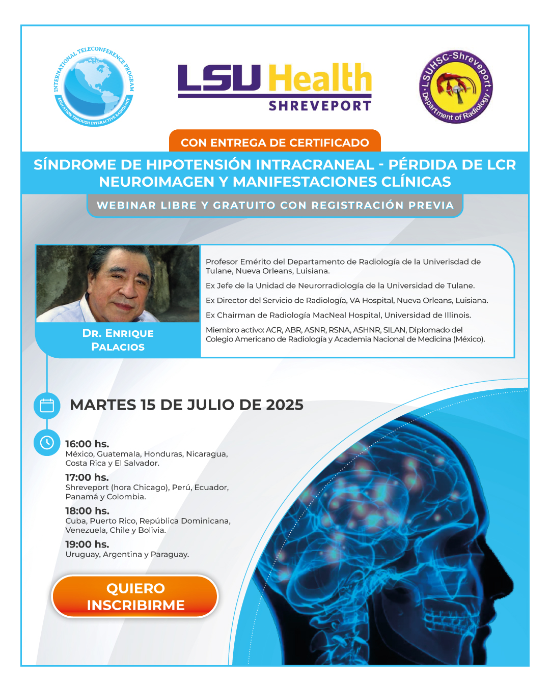 Webinar sobre Síndrome de Hipotensión Intracraneal - Pérdida de LCR: Neuroimagen y manifestaciones clínicas
